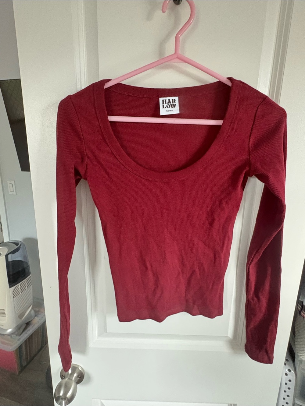 Harlow deep scoop long sleeved ribbed top, burgundy, extra small